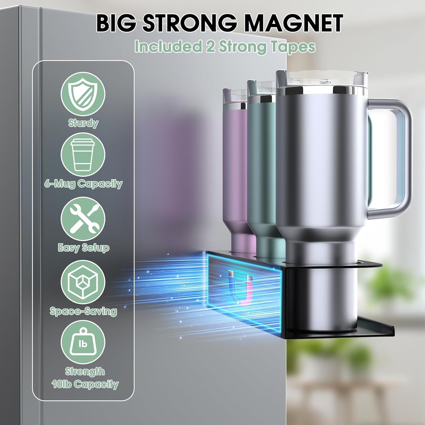 POLRAI 2 Pack Magnetic Stanley Cup Holder for Fridge, Water Bottle Organizer for Tumbler with Double Sided Tape Hold Stanley Cup Accessories for Kitchen Cabinet Wall