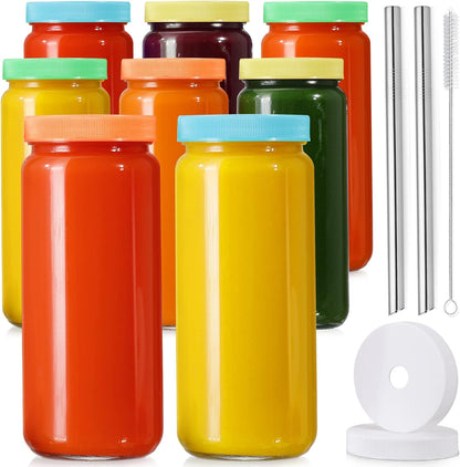 8 Pack 16OZ Glass Juice Bottles with 8 Airtight Lids & 2 Straw Lids & 2 Straws - Freezable Juice Container, Travel Juicing Jars, Drinking Water Cups - Reusable Tall Mason Jar for Tea, Juice, Smoothies