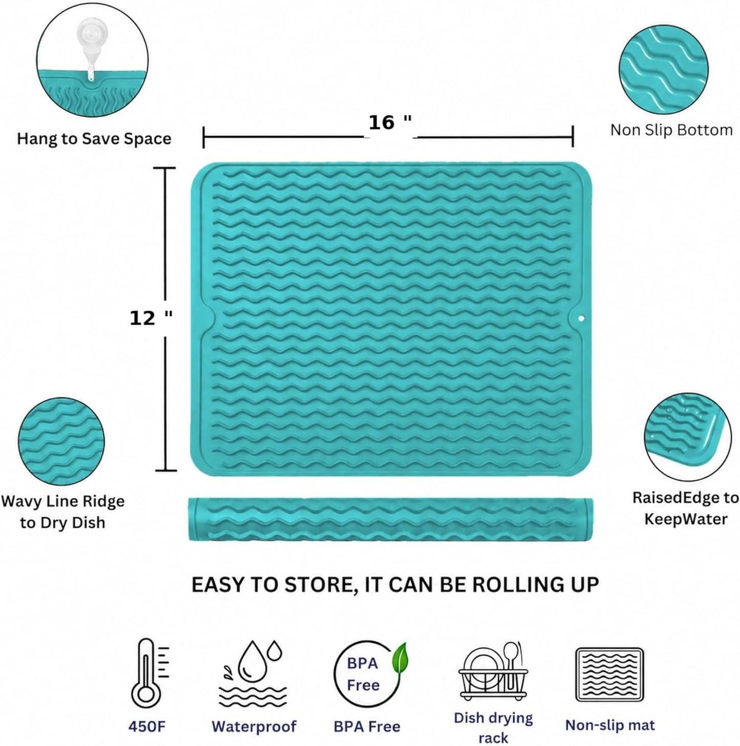 Silicone Drying Mat 16 × 12 – Gray Non-Slip Sink Mat for Kitchen Counter, Heat-Resistant Food-Grade Dish Pad, Easy-Clean Multipurpose Drawer Liner (Gray, 16'' x 12'')
