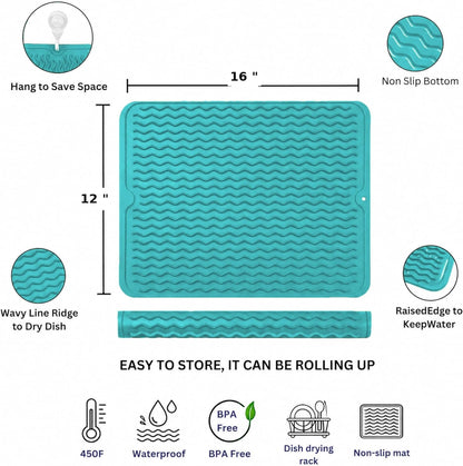 Silicone Drying Mat 16 × 12 – Gray Non-Slip Sink Mat for Kitchen Counter, Heat-Resistant Food-Grade Dish Pad, Easy-Clean Multipurpose Drawer Liner (Gray, 16'' x 12'')