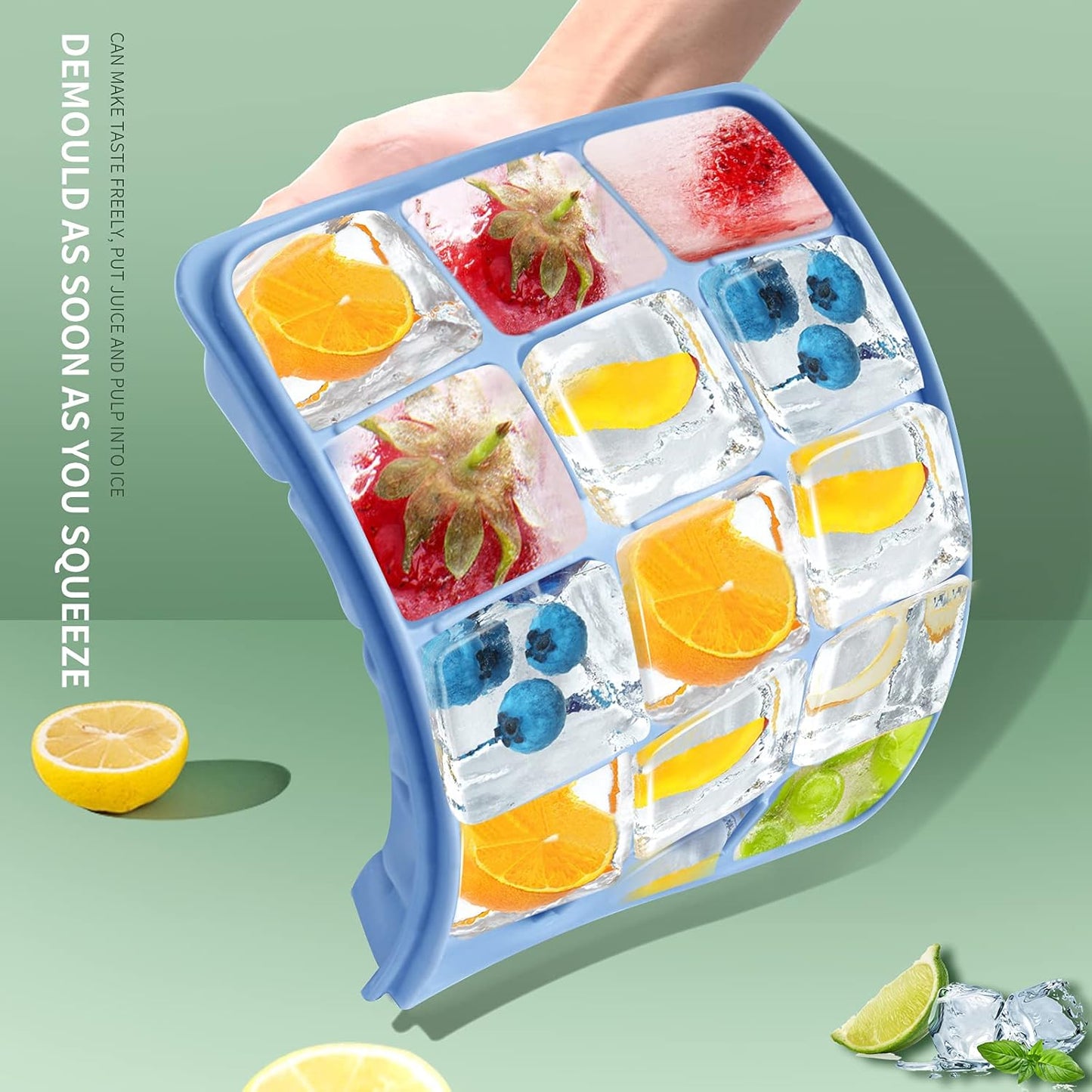 Ice Cube Trays Set of 2, Easy Release 15 Flexible Silicone Ice Cube Molds with Removable Lid Reusable Freezer Ice Trays Stackable for Whiskey, Baby Food, BPA Free (BAMBOO GREEN)