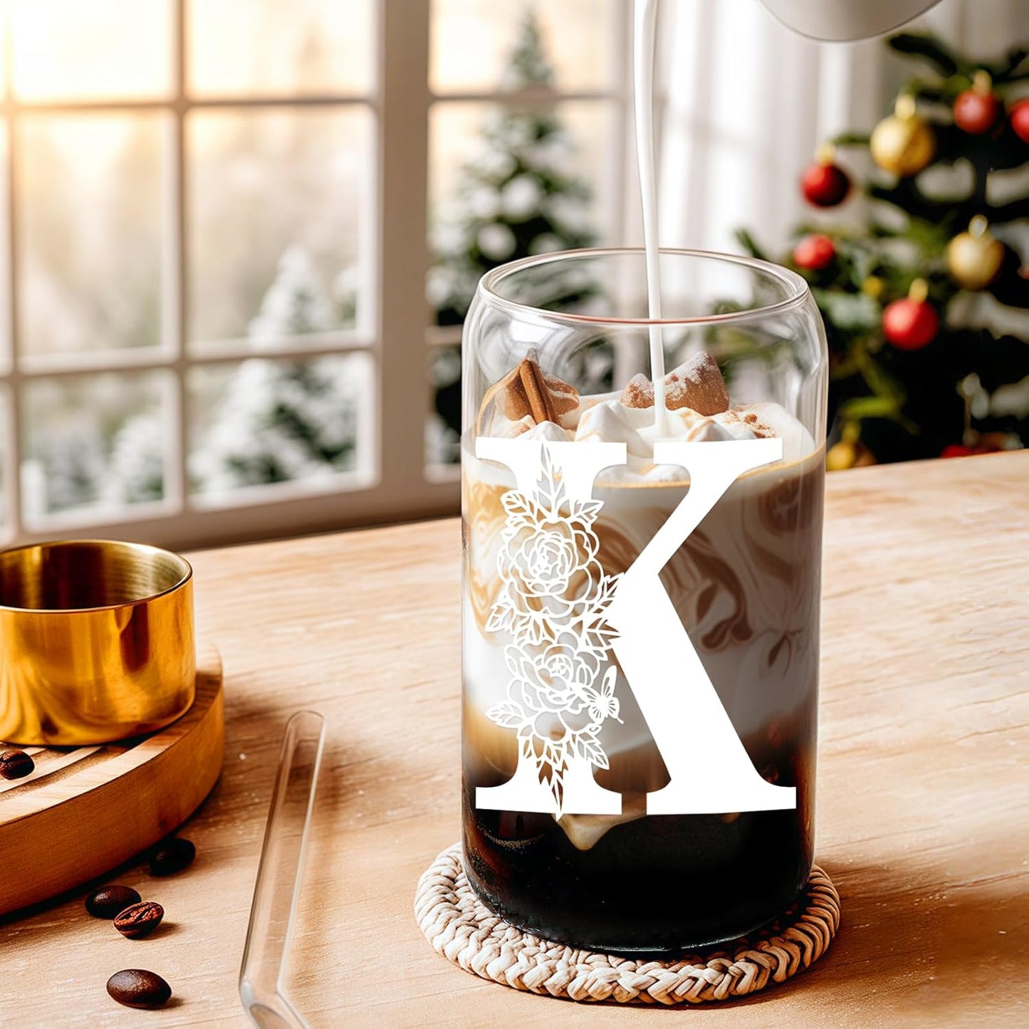 Glass Cups with Lids and Straws: Personalized Initial Glass Cup Be Used As Reusable Iced Coffee Cups with Lids,Cute Matcha Tumbler - The Christmas/Birthday Gifts for Women - M Smoothie Cup