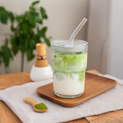 13oz Glass Tumbler with Straw and Lid Sealed, Carry On Reusable Iced Coffee Cups,Thick Wall Glass Coffee Drinking Glassware Cups