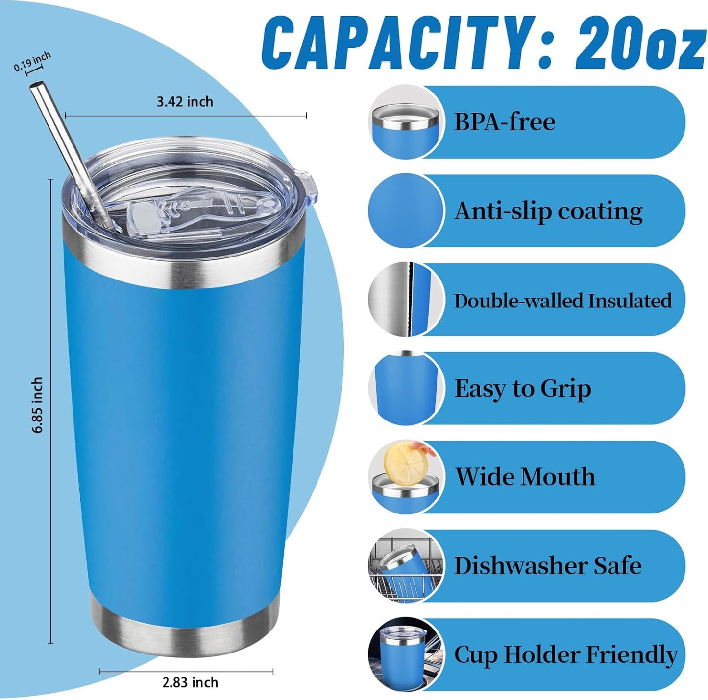 20 oz Tumbler with Lids and Straws, Stainless Steel Insulated Travel Coffee Mug, Double Wall Vacuum Insulated Tumblers, Powder Coated Coffee Tumbler for Cold & Hot Drinks (Light Purple)