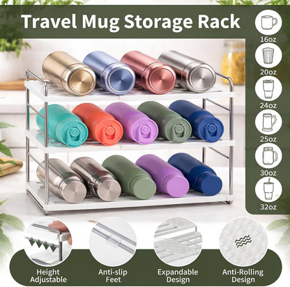 Sawysine 3 Pcs Tumbler Storage Set, Expandable Water Bottle Organizer for Cabinet, Include 2 Stainless Steel Cup Lid Organizer and 3 Tier Adjustable Bottle Holder Rack for Kitchen, Sport Flask, Fridge