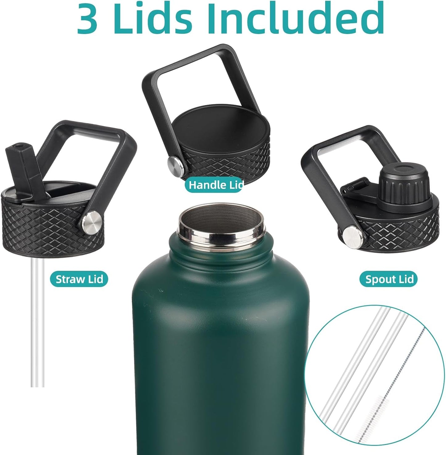 Konokyo 22oz Stainless Steel Bottles with 3 Lids Sport Insulated Water Bottle,Mint