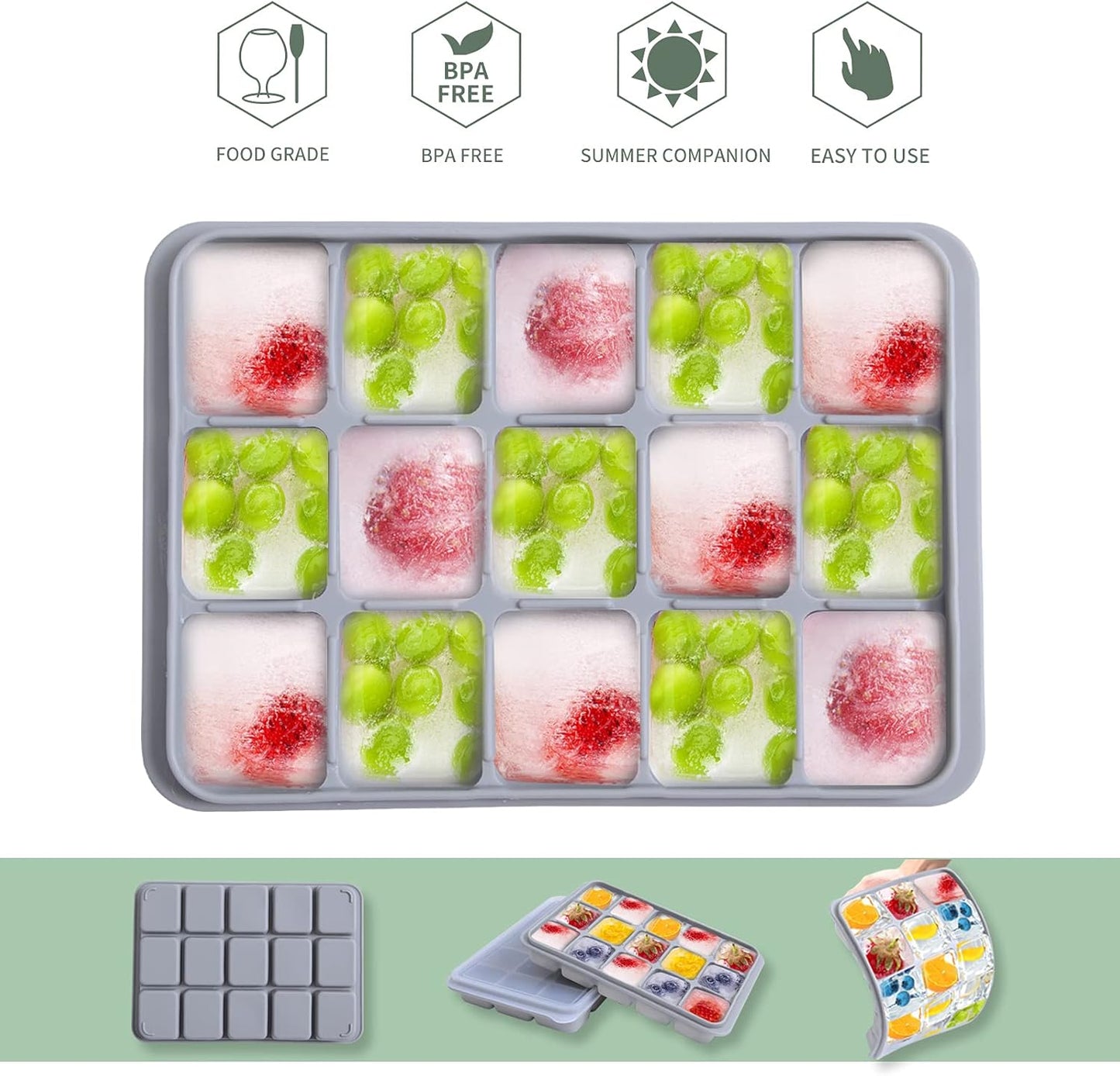 Ice Cube Trays Set of 2, Easy Release 15 Flexible Silicone Ice Cube Molds with Removable Lid Reusable Freezer Ice Trays Stackable for Whiskey, Baby Food, BPA Free (BAMBOO GREEN)