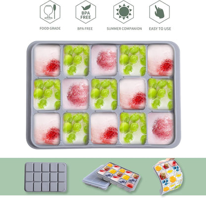 Ice Cube Trays Set of 2, Easy Release 15 Flexible Silicone Ice Cube Molds with Removable Lid Reusable Freezer Ice Trays Stackable for Whiskey, Baby Food, BPA Free (BAMBOO GREEN)