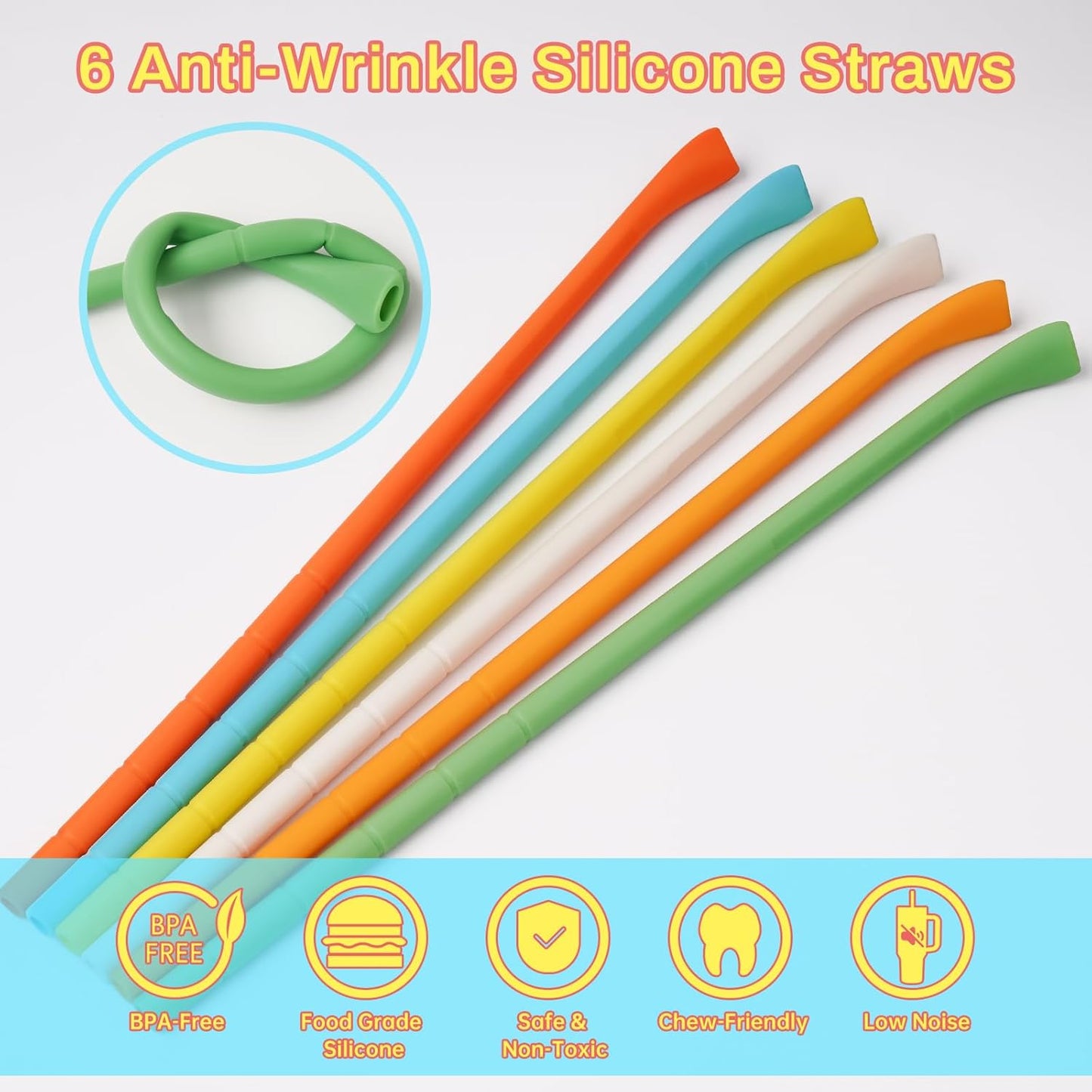 NiHome 6PCS Silicone Anti-Wrinkle Straws Fit for 40oz 30oz Stanley Tumblers w/Brushes, Customizable Length Wrinkle Free Straws for Various Size Cups, No Wrinkle Reusable Straws for Lip (Macaron)