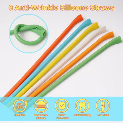 NiHome 6PCS Silicone Anti-Wrinkle Straws Fit for 40oz 30oz Stanley Tumblers w/Brushes, Customizable Length Wrinkle Free Straws for Various Size Cups, No Wrinkle Reusable Straws for Lip (Macaron)