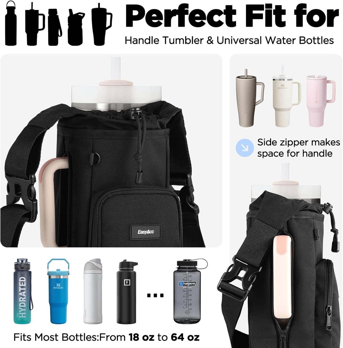 EasyAcc Water Bottle Holder Strap Sling, for Owala FreeSip 24 32 40 oz, Hydro Flask, Cirkul, Yeti, Stanley Flip, Universal Water Bottles, with Carabiner, for Walking Curise Travel (Bottle Excluded)