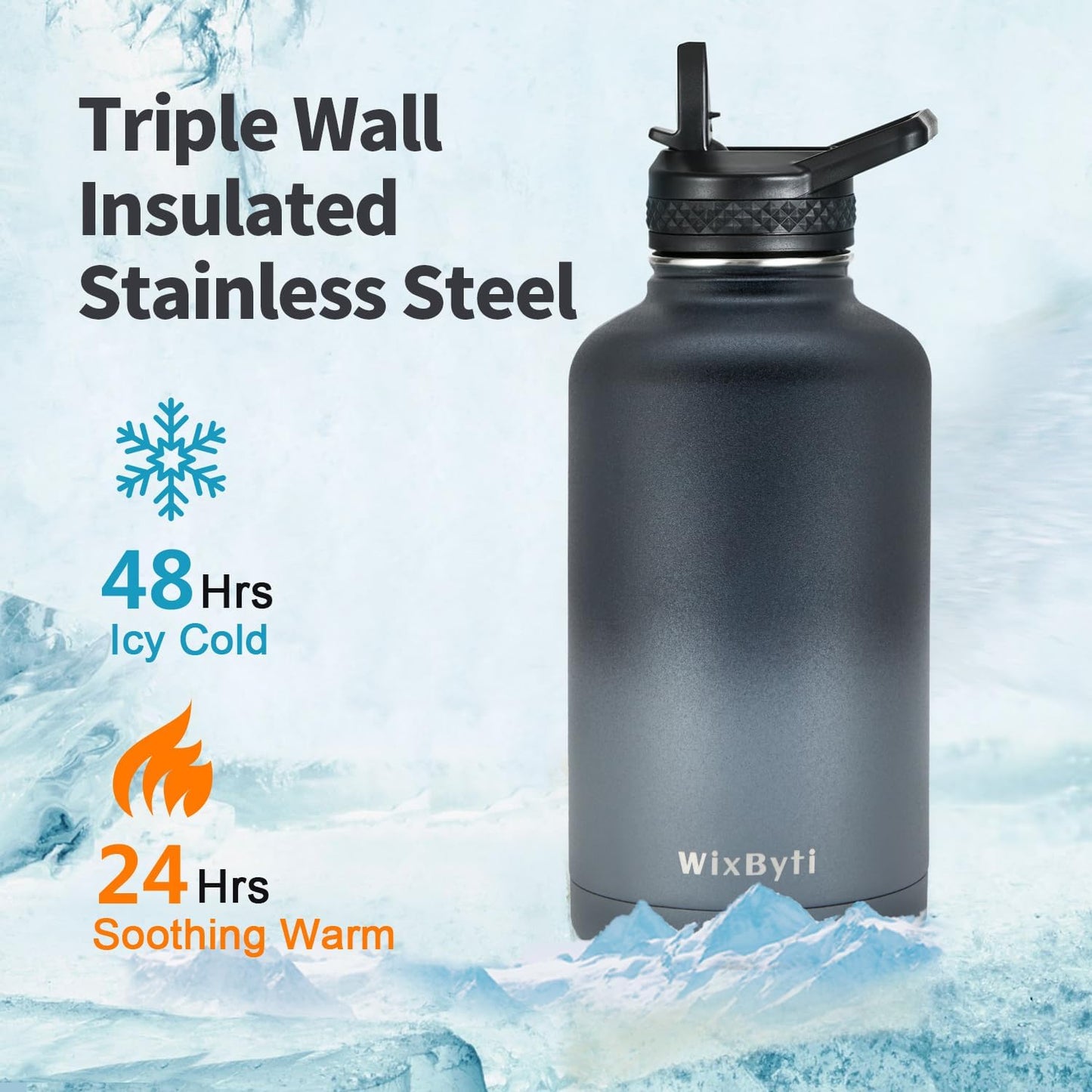 WixByti 40 oz Insulated Water Bottle with Straw (Cold for 36 Hrs), Stainless Steel Triple Wall Vacuum Sports Water Jug, Leakproof Hydro Cup Flask with Paracord Handle & Straw Spout Lids & DIY Stickers