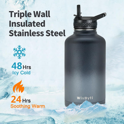 WixByti 40 oz Insulated Water Bottle with Straw (Cold for 36 Hrs), Stainless Steel Triple Wall Vacuum Sports Water Jug, Leakproof Hydro Cup Flask with Paracord Handle & Straw Spout Lids & DIY Stickers