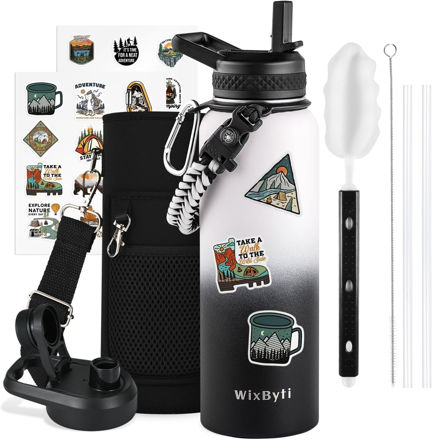 WixByti 40 oz Insulated Water Bottle with Straw (Cold for 36 Hrs), Stainless Steel Triple Wall Vacuum Sports Water Jug, Leakproof Hydro Cup Flask with Paracord Handle & Straw Spout Lids & DIY Stickers