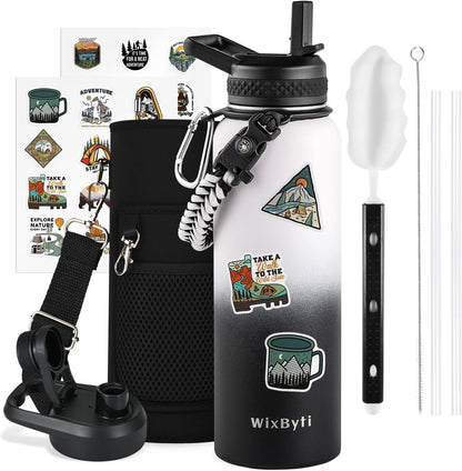 WixByti 40 oz Insulated Water Bottle with Straw (Cold for 36 Hrs), Stainless Steel Triple Wall Vacuum Sports Water Jug, Leakproof Hydro Cup Flask with Paracord Handle & Straw Spout Lids & DIY Stickers
