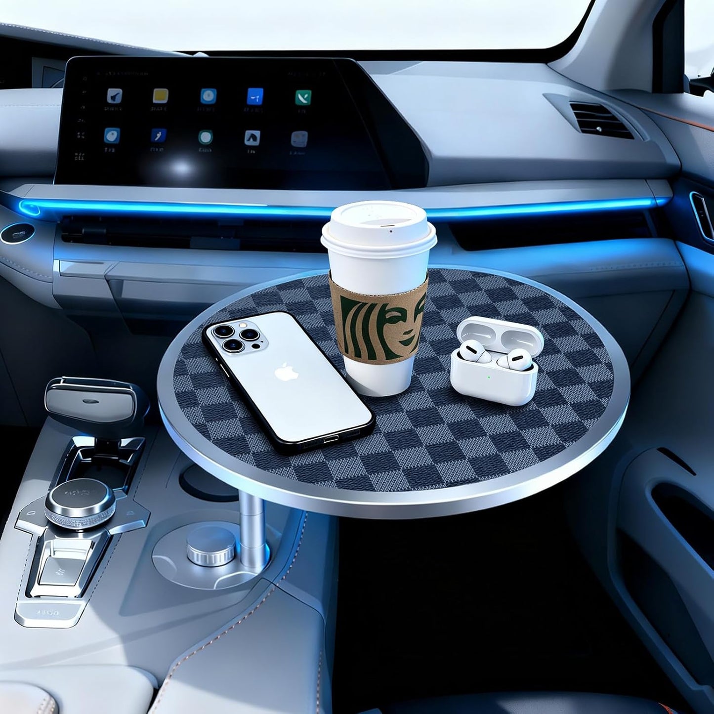 Car Tray Table & Car Desk for Laptop with 2 Risers and Anti-Slip Pad, 360° Rotating Cup Holder for Working and Eating Compatible with Tesla Model 3/Y/S, Ford F150/Explorer/Maverick & Most Vehicles/EV