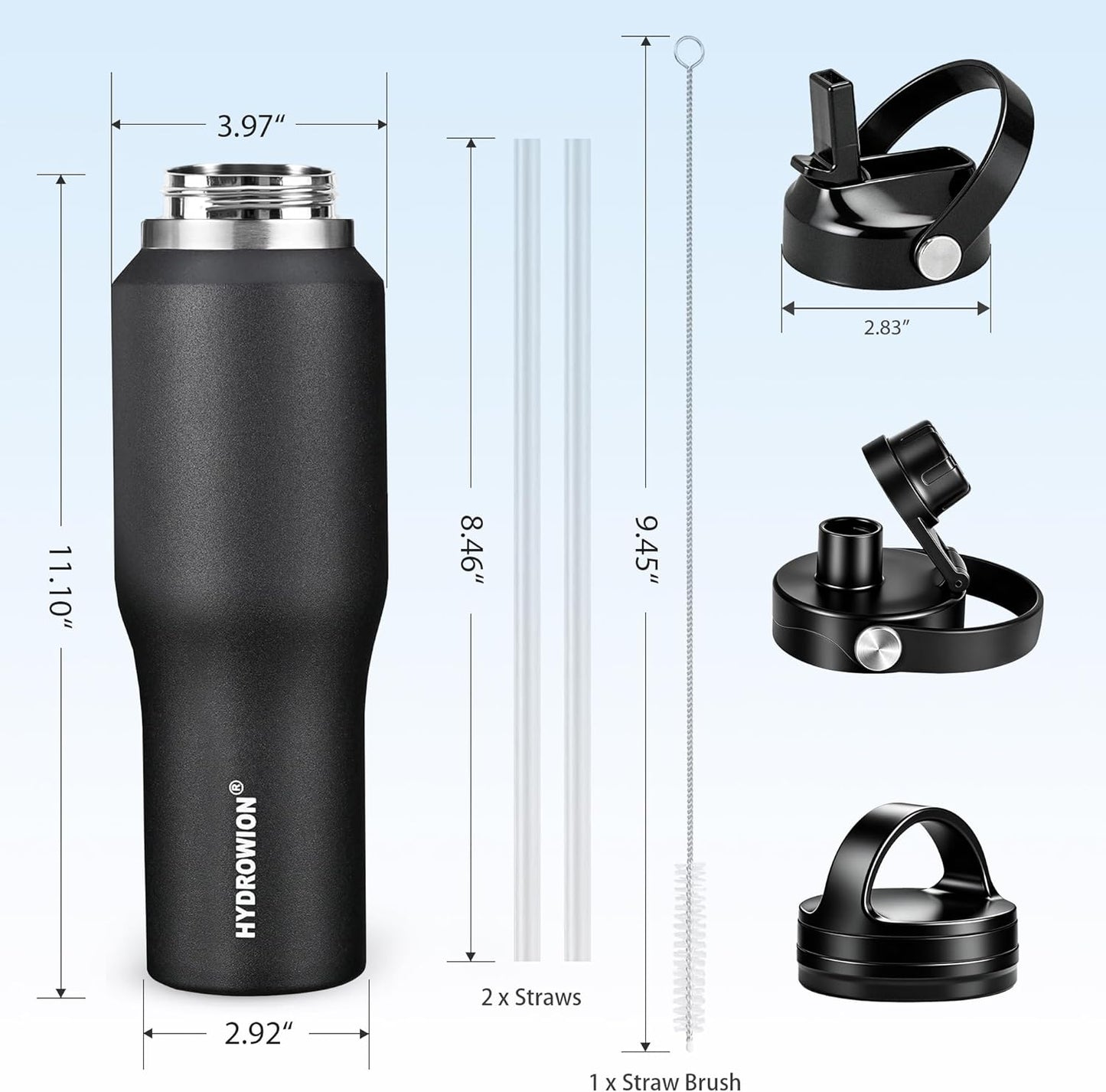HYDROWION 32oz Stainless Steel Water Bottle(Cold for 48 Hrs, Hot for 24 Hrs),Double Wall Vacuum Insulated Water Bottle with Straw Lid, Spout Lid and Flex Cap, Fit in Any Car Cup Holder,Black