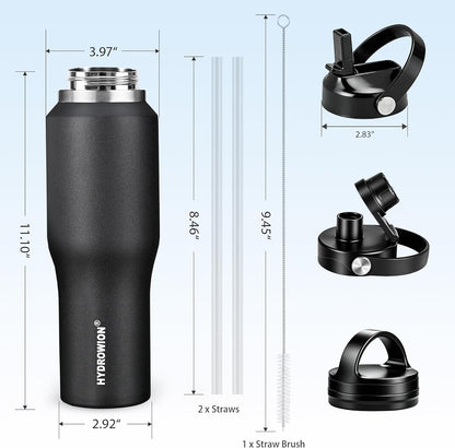HYDROWION 32oz Stainless Steel Water Bottle(Cold for 48 Hrs, Hot for 24 Hrs),Double Wall Vacuum Insulated Water Bottle with Straw Lid, Spout Lid and Flex Cap, Fit in Any Car Cup Holder,Black