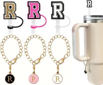 （3 +3) 3PCS Nuozme Straw Cover 10mm For Stanley Tumbler Cup Reusable Straw Cap Topper with 3 Initial Letter Charms Accessories Name ID Personalized Handle Charm For Stanley 30&40 Oz Cup Tumbler - Colors B