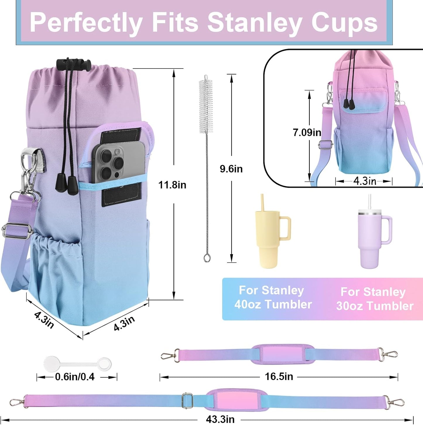 Water Bottle Carrier Bag with Phone Pocket for Stanley Cup 30/32/40 oz Tumbler with Adjustable Strap,Insulated Water Bottle Holder Pouch Crossbody Sling for Walking Travel