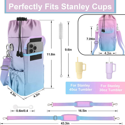 Water Bottle Carrier Bag with Phone Pocket for Stanley Cup 30/32/40 oz Tumbler with Adjustable Strap,Insulated Water Bottle Holder Pouch Crossbody Sling for Walking Travel