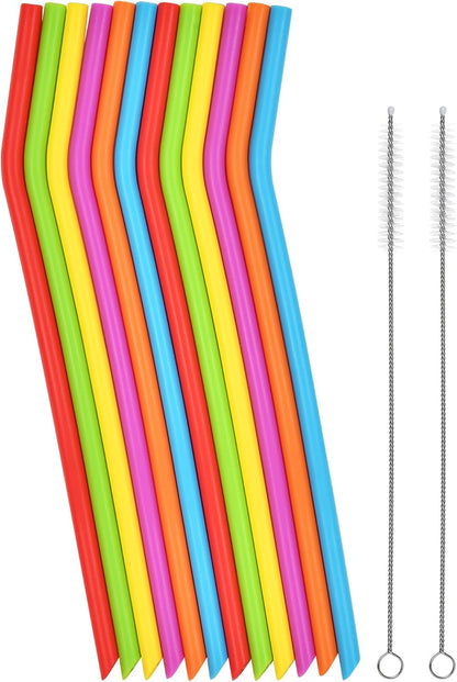 Reusable Silicone Drinking Straws, 12 Pcs Long Flexible Straws with 2 Cleaning Brushes for 20 and 30 oz Yeti/Rtic/Ozark Tumblers, BPA free, no Rubber Taste