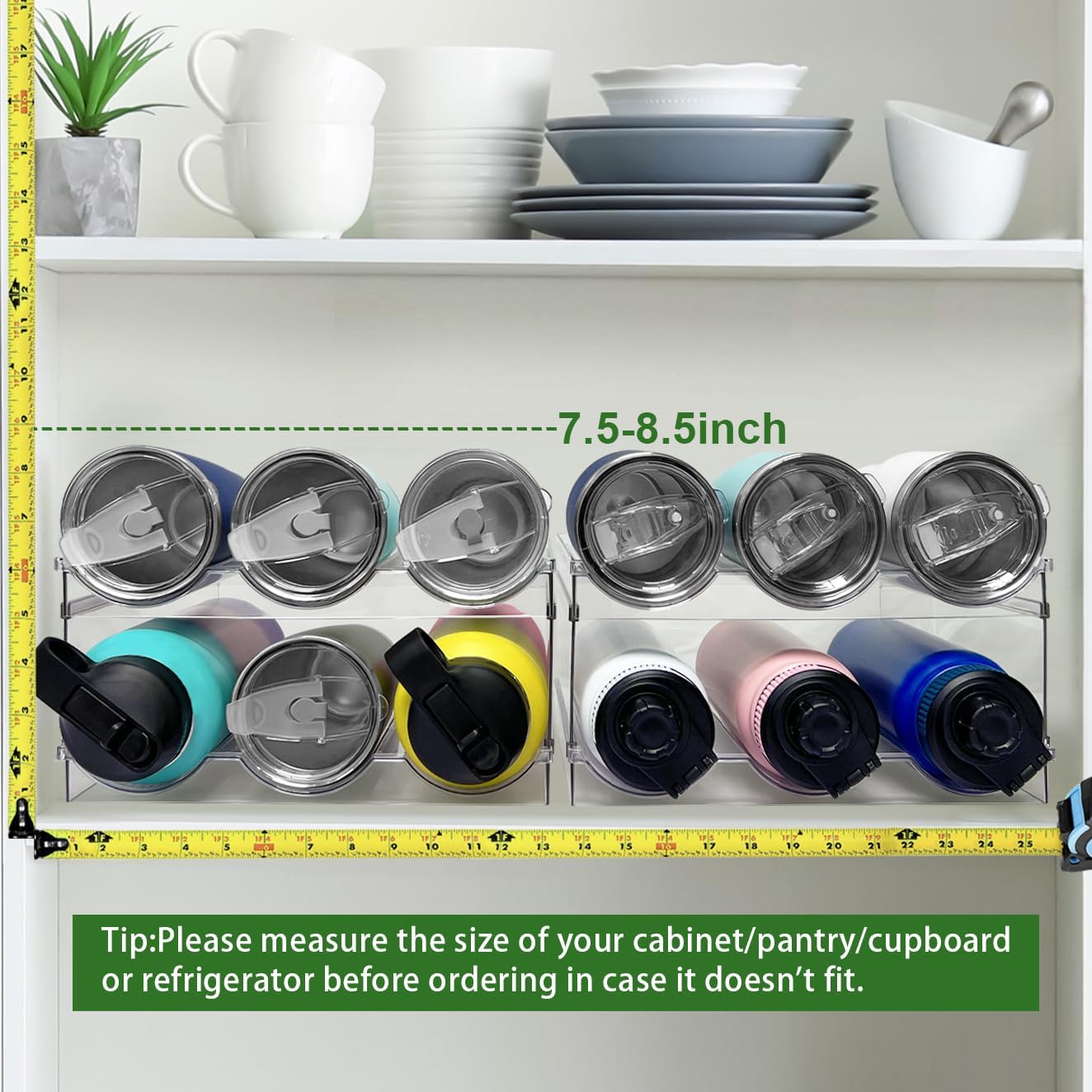 Spaclear 2 Pack Water Bottle Organizer, Stackable Kitchen Pantry Storage Shelf, Plastic Water Bottle Holder for Cabinet and Fridge Organization