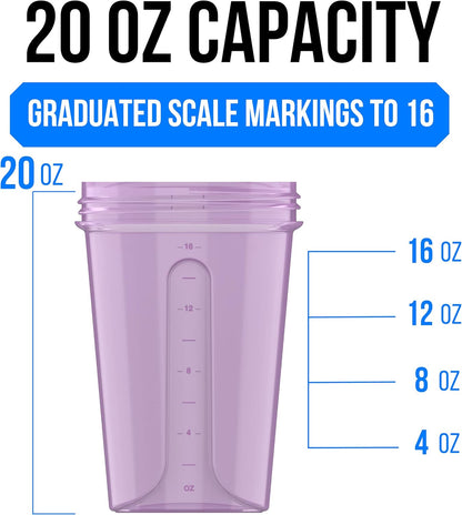 VELOMIX -4 PACK- 20 OZ Protein Shaker Bottle for Protein Mixes - 4x Wire Whisk | Leak Proof Shaker Cups for Protein Shakes | Stackable Protein Shaker Bottle Pack | Dishwasher Safe (Berry Blend)