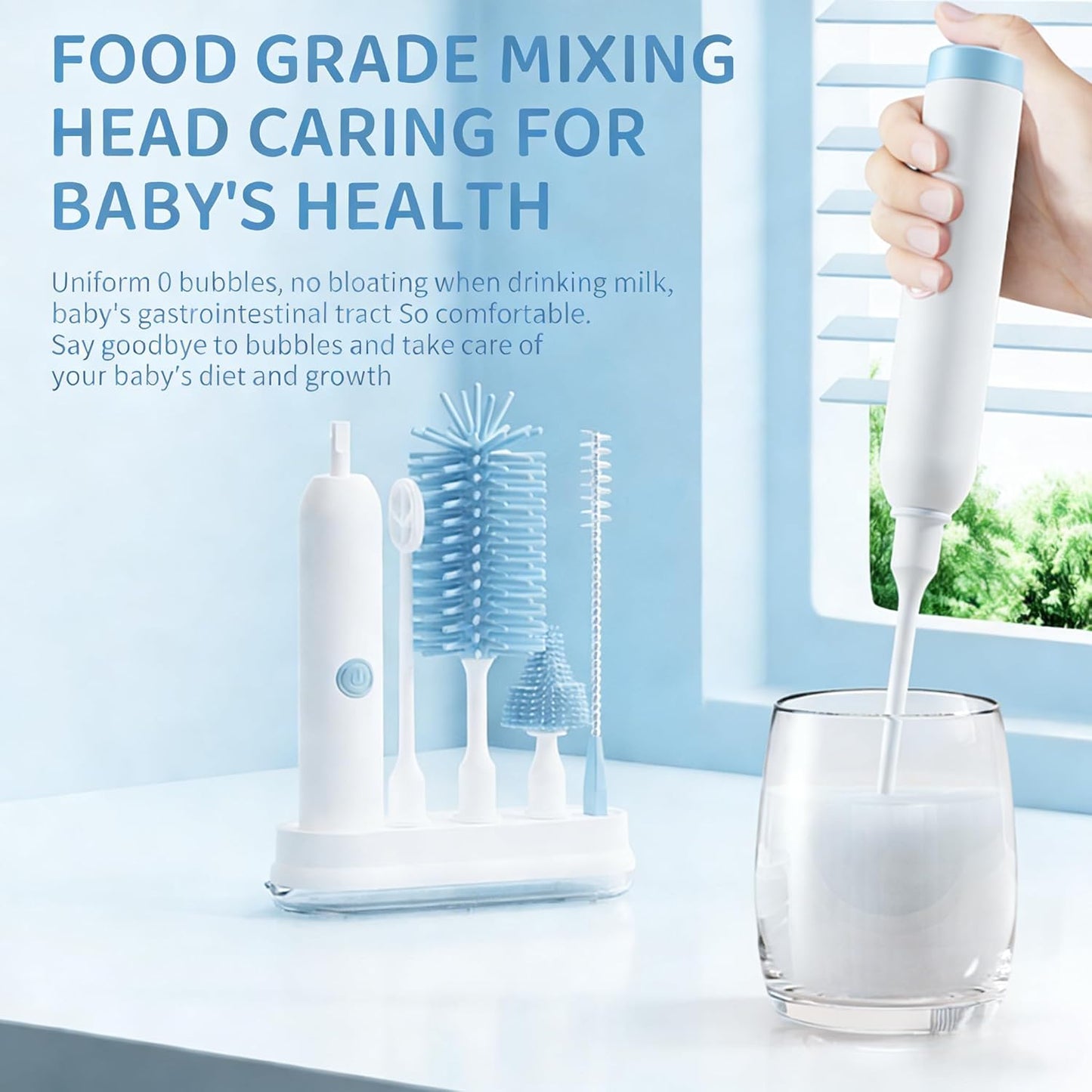 Rechargeable Electric Bottle Brush with Stand - 360° Spin Silicone Cleaner for Baby Bottles, Breast Pumps & Small Household Containers (Sea Blue)