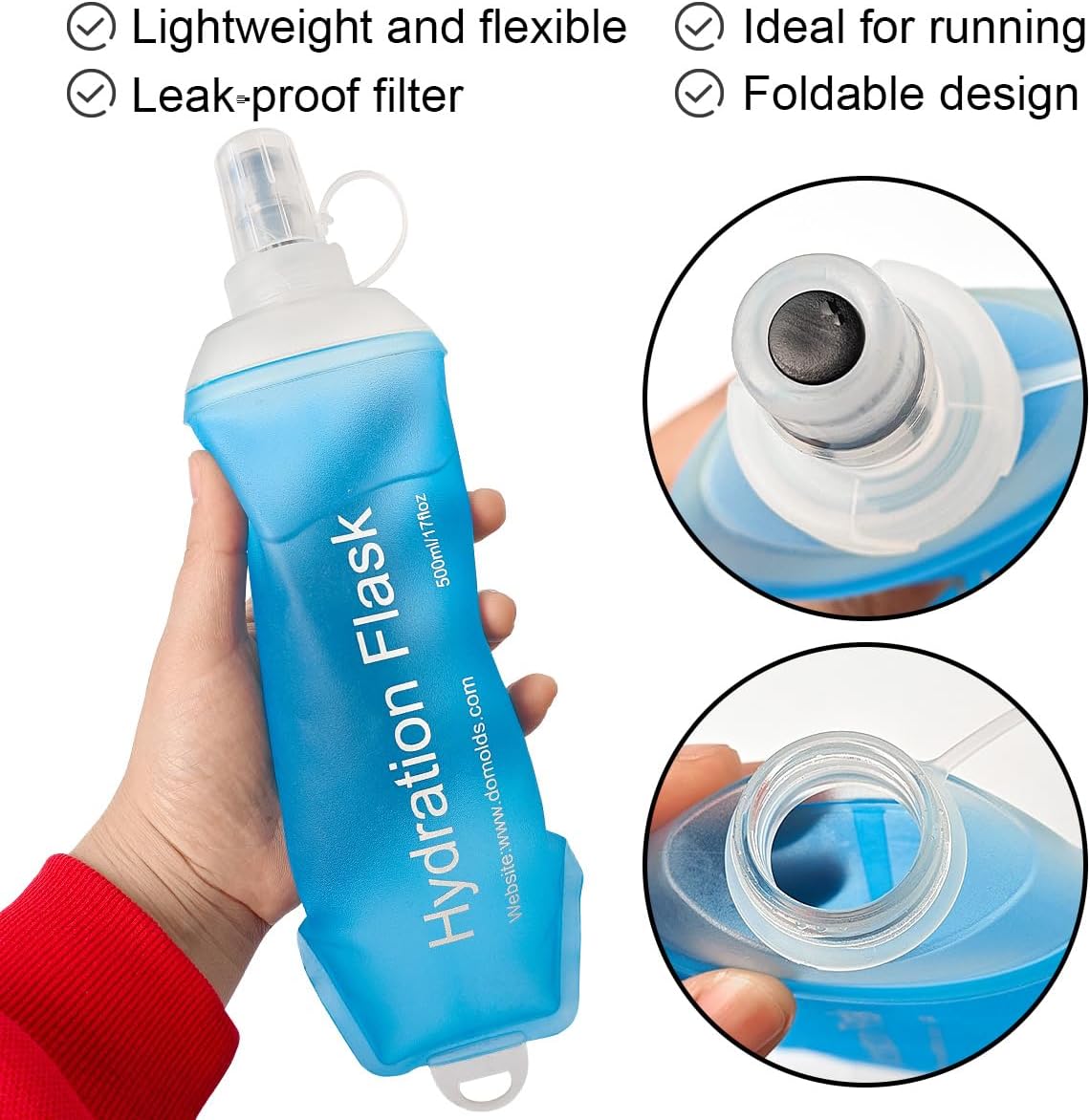 WILDREEDS 500ml Soft Flask, TPU Collapsible Soft Water Bottle for Hydration Pack, Running Vest, Folding Water Bottle for Hiking Cycling Climbing-1Pcs, White