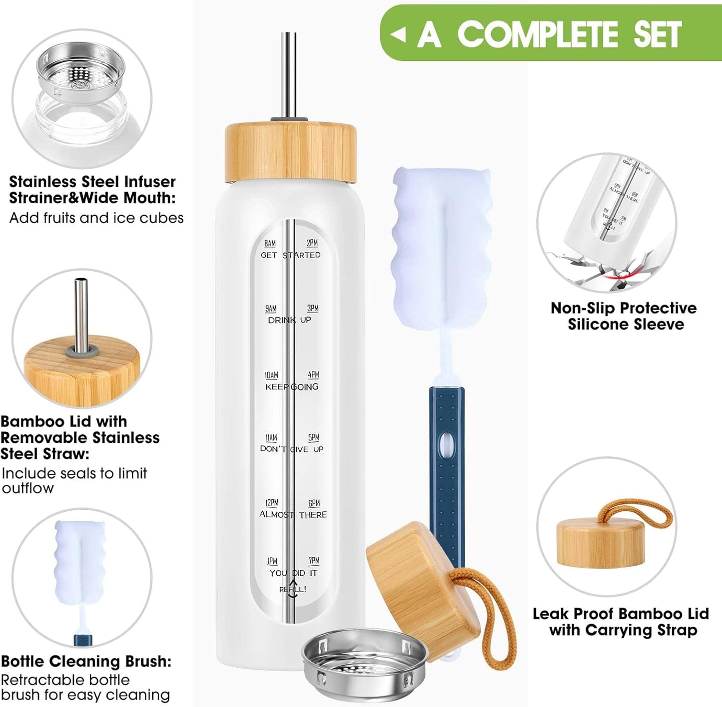 SipZest 32 oz Glass Water Bottle with Straw - Motivational Time Marker & Silicone Sleeve - Reusable Tumbler Includes 2 Bamboo Lids & Fruit Infuser - 1 Pack