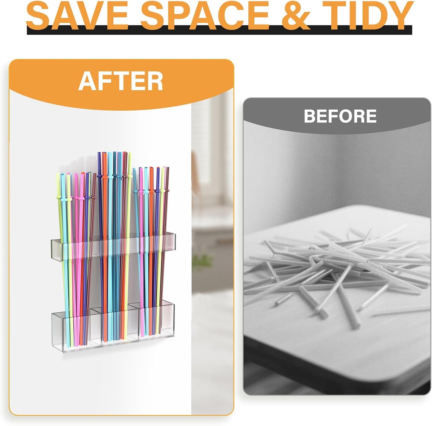 Straw Holder for Cabinet Door, Reusable Tumbler Straw Organizer Storage Container Mount for Kitchen Counter Cupboard Door (Transparent, 9.5inch)