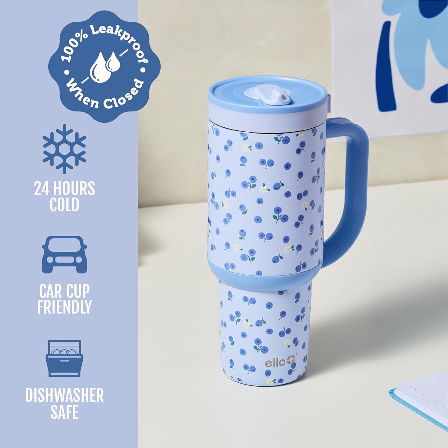 Ello Oasis 40 oz Tumbler with Handle & Retracting Straw | Reusable Insulated Stainless Steel Cup 100% Leakproof, Gifts for Teens Women Men | Keeps cold for 24 Hours, Cup Holder Friendly, Daisies