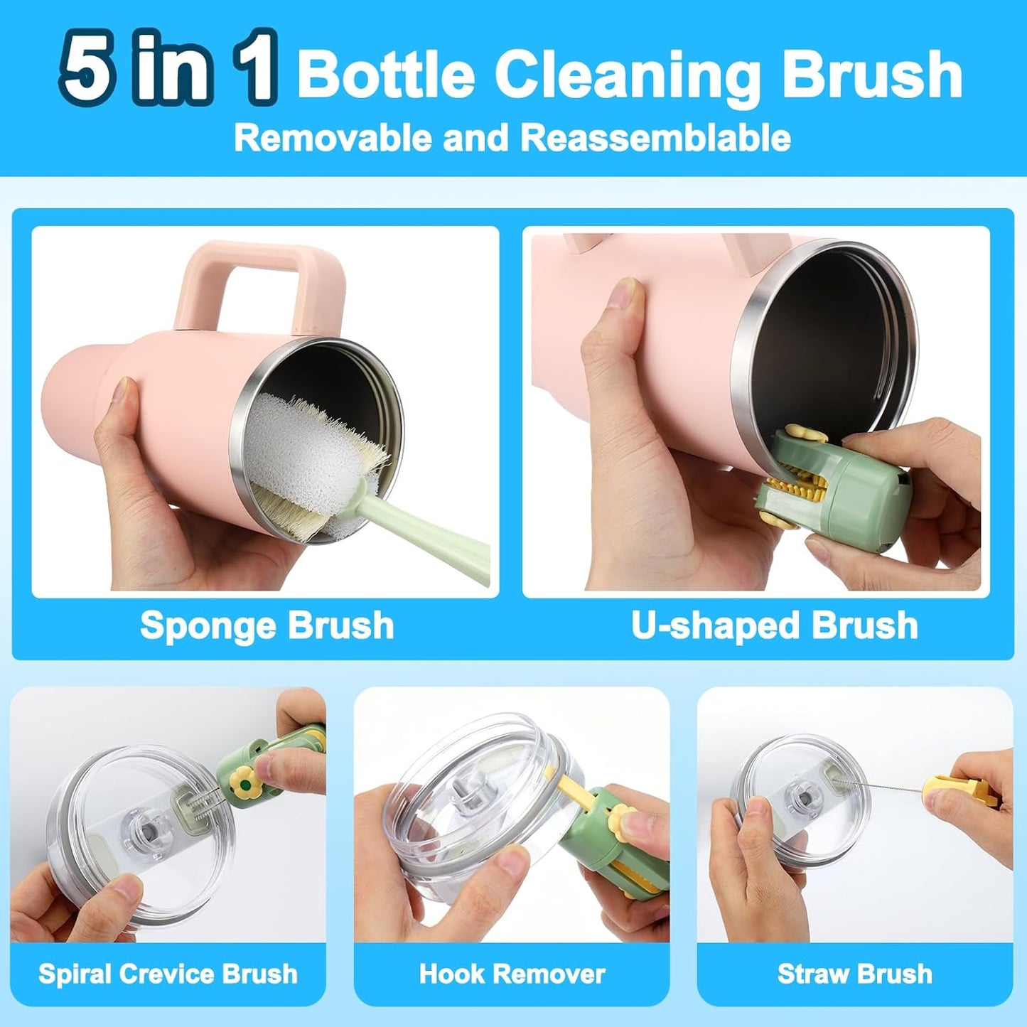 XANGNIER 5 Pcs Water Bottle Cleaner Brush Set for Owala 24oz/32oz/40oz Cup,Multifunctional Bottle Brush and Long Straw Cleaner Brush,Cleaning Kit for Owala/Stanley/Yeti Tumbler Cup Accessories