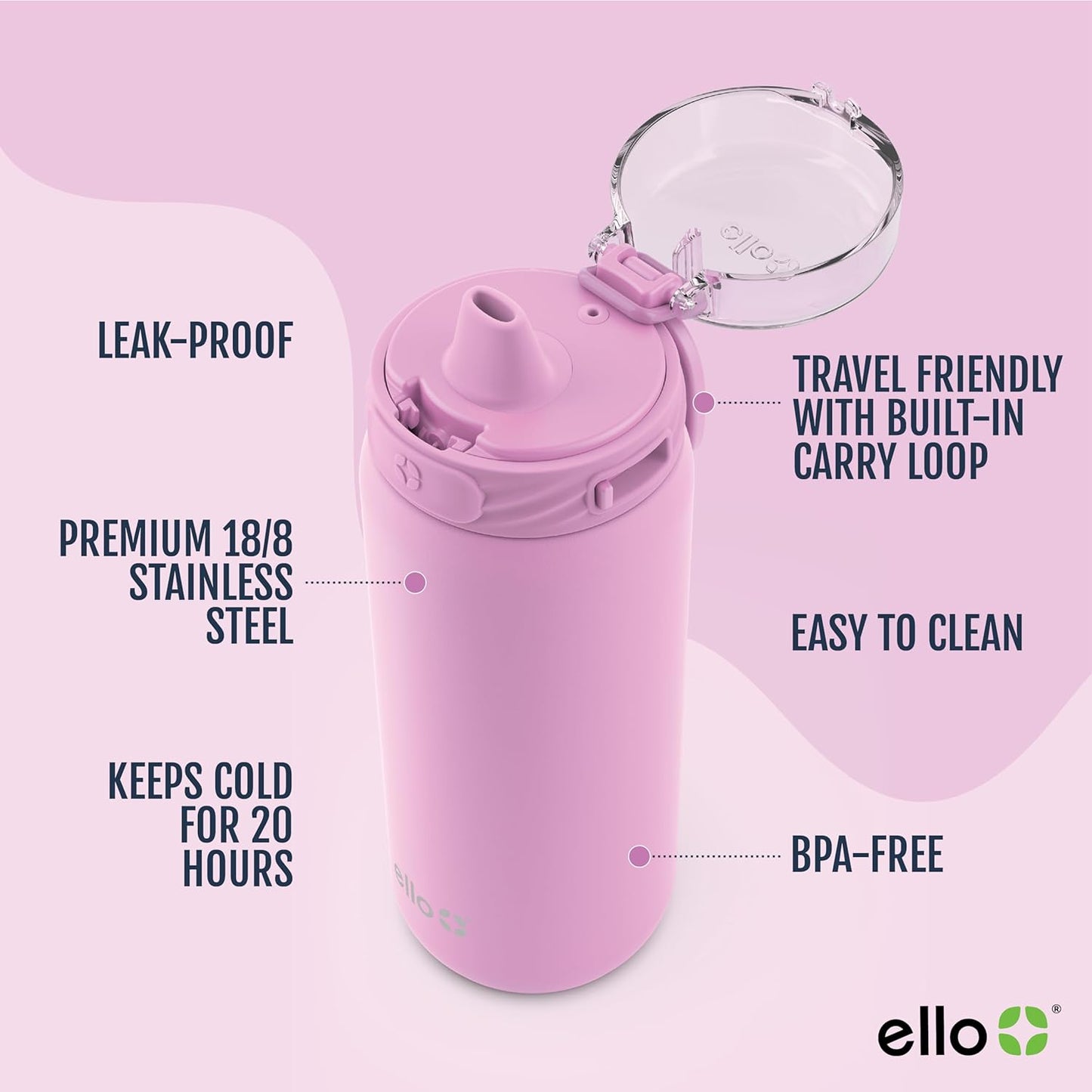 Ello Cooper 22oz Stainless Steel Water Bottle with Straw and Carry Handle, Double Walled and Vacuum Insulated Metal, Leak Proof Locking Lid with Soft Silicone Spout, Reusable, BPA Free, Lilac