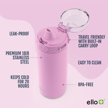Ello Cooper 22oz Stainless Steel Water Bottle with Straw and Carry Handle, Double Walled and Vacuum Insulated Metal, Leak Proof Locking Lid with Soft Silicone Spout, Reusable, BPA Free, Lilac