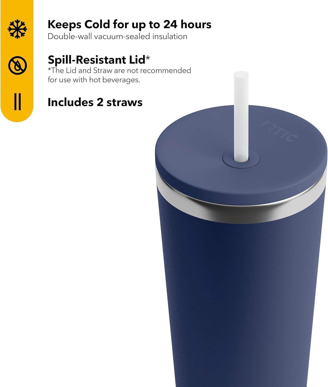 RTIC 20oz Everyday Tumbler Insulated Stainless Steel Portable Travel Coffee Cup with Straw, Ceramic Lining, Spill-Resistant Lid, BPA-Free, Hot and Cold Drink, Beach