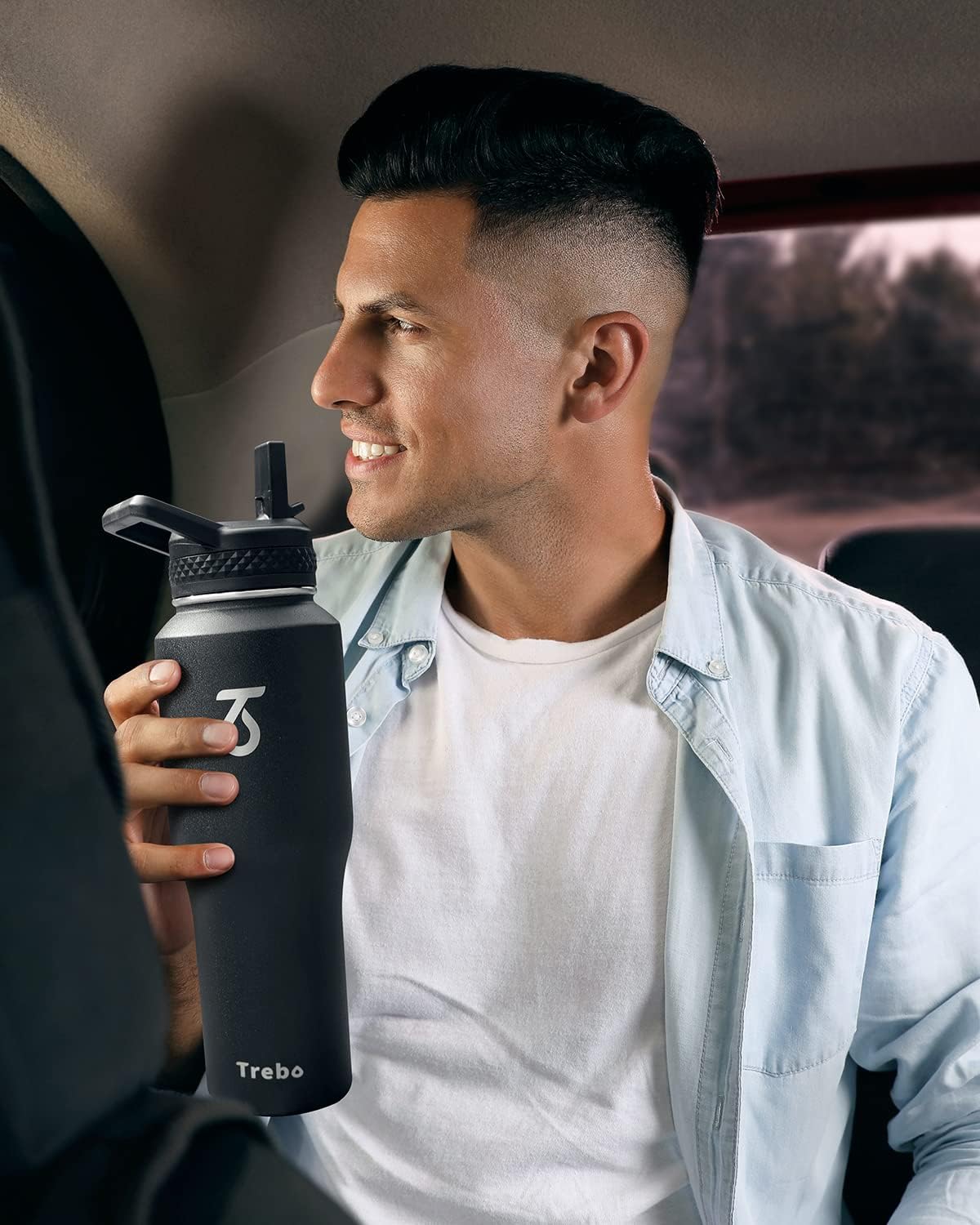 Trebo 40 oz Water Bottle Insulated Fit Car Cup Holder with Handle, Stainless Steel Water Bottles Tumbler with Spout Straw Lids, Double Wall Travel Reusable Flask, Leakproof Mug,Keep Cold &Hot,Black