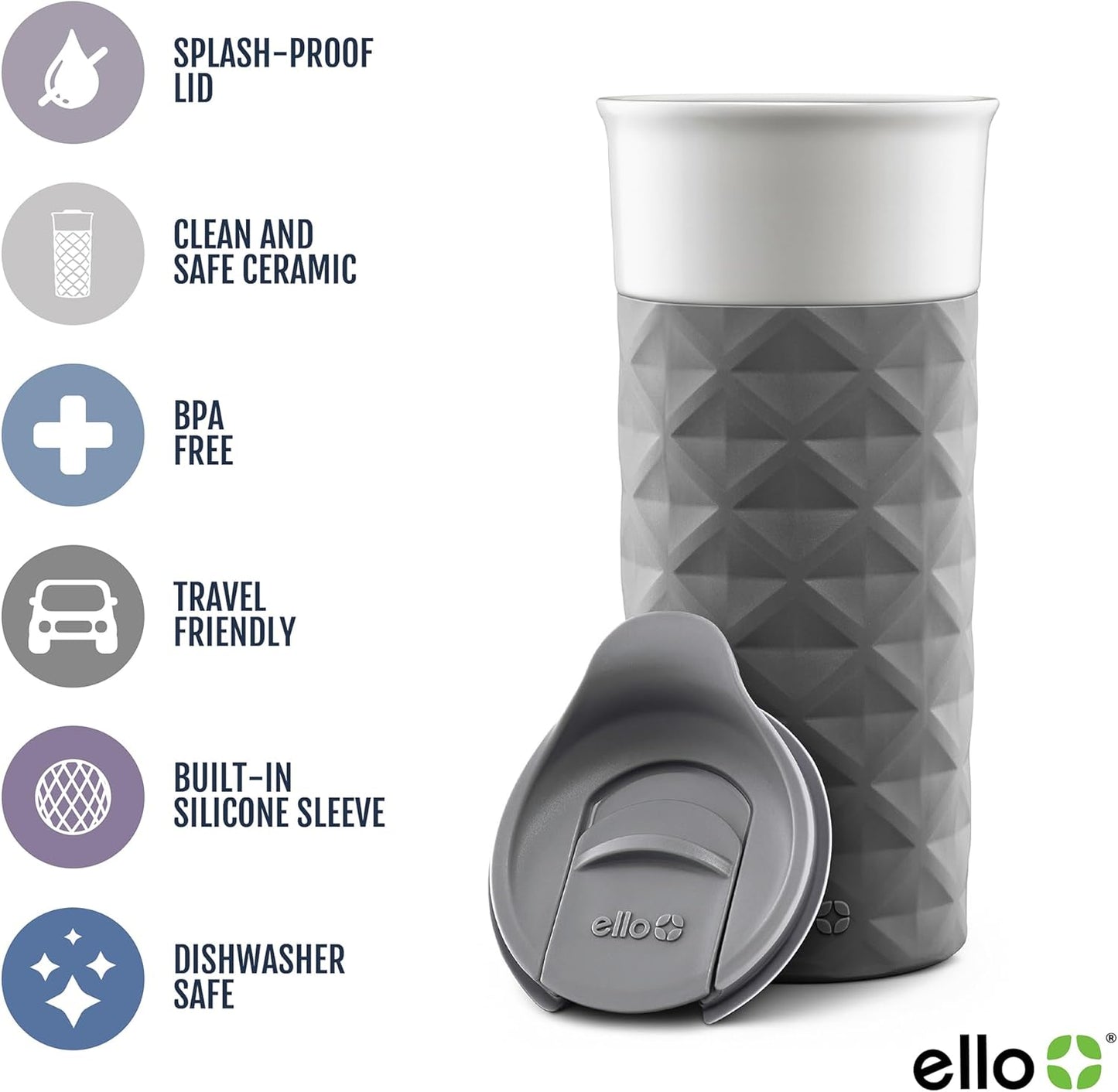 Ello Ogden Ceramic Travel Mug with Splash-Resistant Slider Lid and Protective Silicone Boot, Perfect for Coffee or Tea, BPA Free, Dishwasher Safe, Gray, 16 oz, 758-0438-040