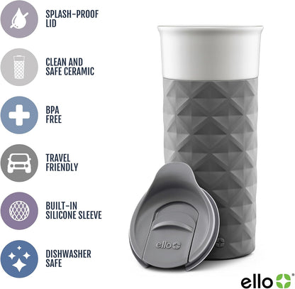 Ello Ogden Ceramic Travel Mug with Splash-Resistant Slider Lid and Protective Silicone Boot, Perfect for Coffee or Tea, BPA Free, Dishwasher Safe, Gray, 16 oz, 758-0438-040
