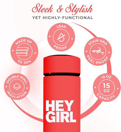Hey Girl Tea Infuser Bottle 450ml - Insulated Stainless Steel Water Bottle - Tea Tumbler with Tea Diffuser - Portable Travel Mug for Loose Leaf Tea & Infused Water - Tea Lovers Gifts for Women (Pink)