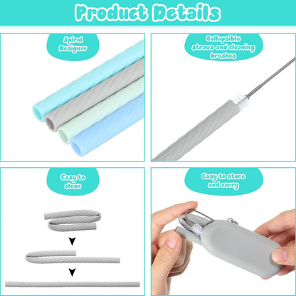 Meanplan 4 Sets Cruise Ship Essentials,4 Set Silicone Straws with Case Reusable Silicone Portable Drinking Straw Set for Party Travel Cold or Hot with 4 Carry Case, 4 Cleaning Brushes (Classic Color)
