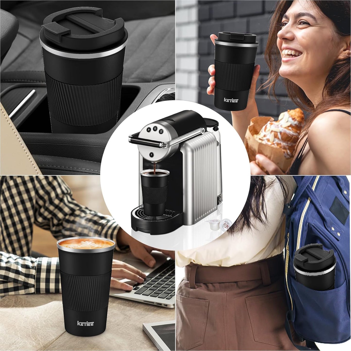KETIEE Travel Coffee Mug Spill Proof 12oz, Insulated Travel Mug to Go, Reusable Coffee Cup with Seal Lid, Vacuum Stainless Steel Tumbler for Hot/Cold Drinks (Red)