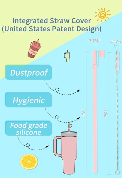 Reusable Replacement 12 inch Long Silicone Straw With Cover, Stocking Stuffers Gifts for Women Men Teens Girls Boys, Compatible with Stanley Tumbler Cup Accessorie 40 oz 30 oz (6 Pack)