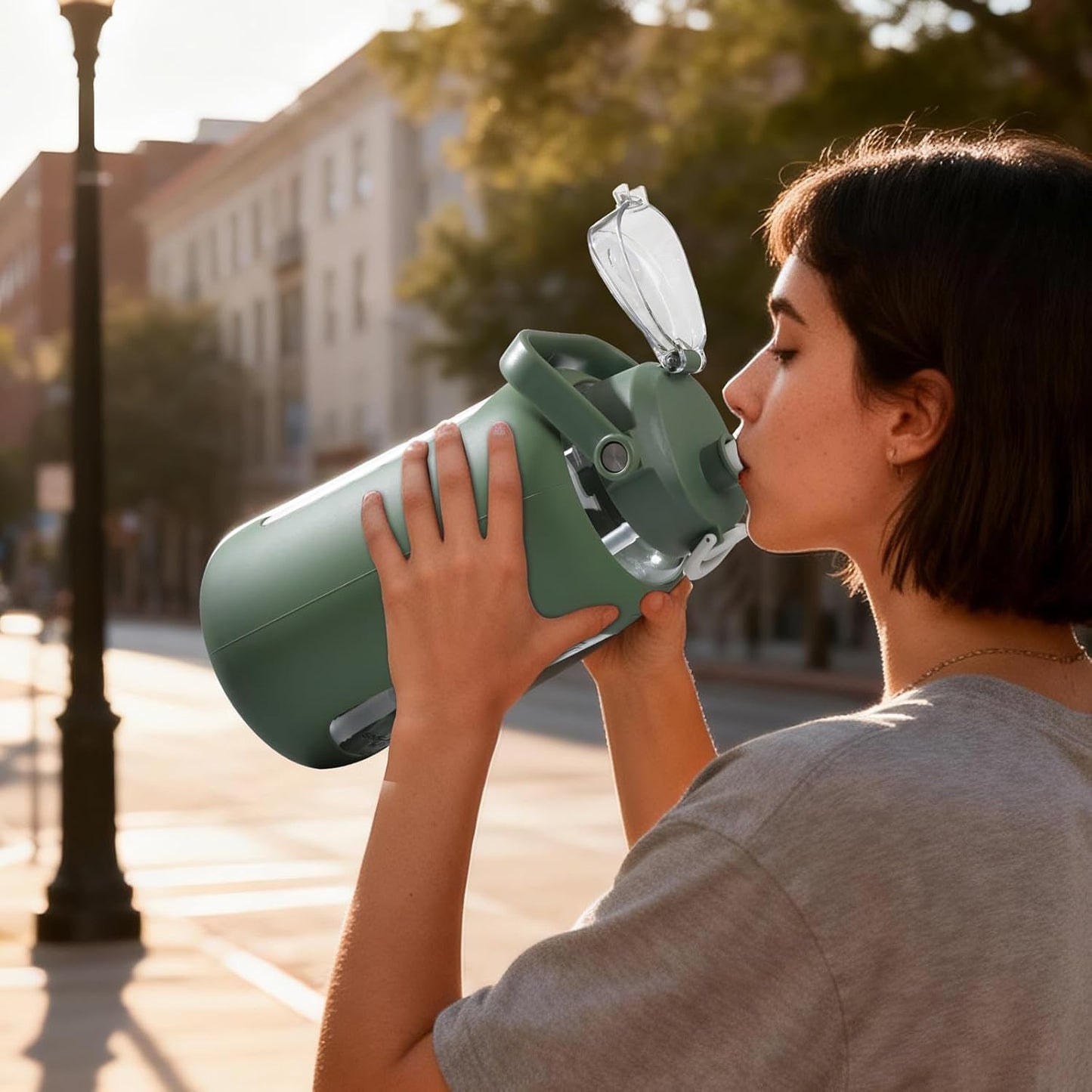 64oz Glass Water Bottles with Straw, Half Gallon Motivational Glass Bottle with Silicone Sleeve and Time Marker, 2L Leakproof Large Glass Water Jug for Gym Home Office,olive