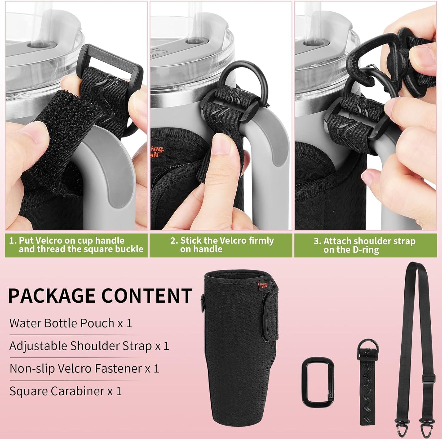 Water Bottle Carrier for Stanley Quencher 30oz Tumbler Cup Water Bottle Holder with Strap Neoprene Protective Tumbler Carrying Bag for Hiking Fitness Travelling - Black