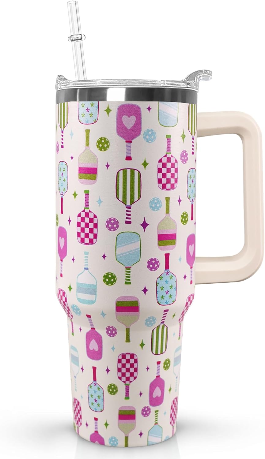 Ceovfoi 40 oz Pickleball Coffee Mug Vacuum Insulated Travel Tumbler with Handle, Lid & Straw - Perfect Pickleball Gifts for Players, Coaches, Lovers | Pickleball Accessories