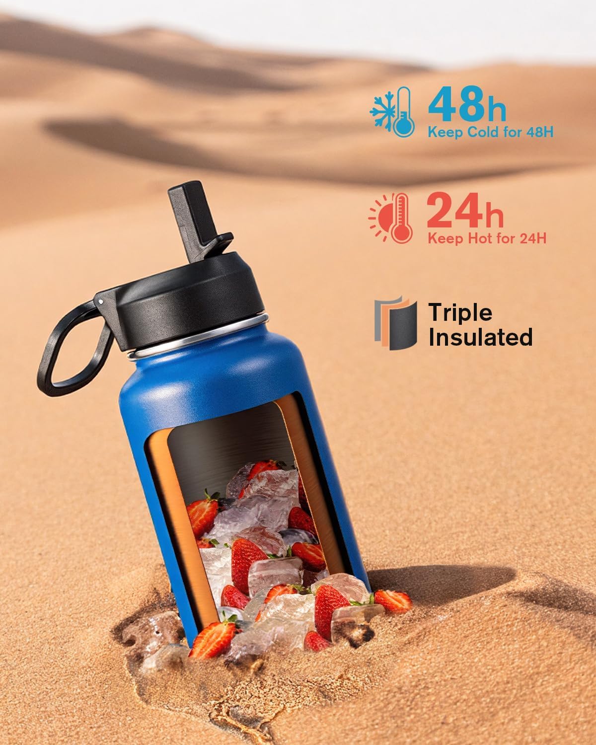 Half Gallon Water Bottle Insulated with Straw & 3 Lids, Coolflask 64 oz Water Jug Large Metal Stainless Steel Wide Mouth for Sports, Gym or Office, Non-BPA Keep Cold 48H Hot 24H, Samurai Cyan
