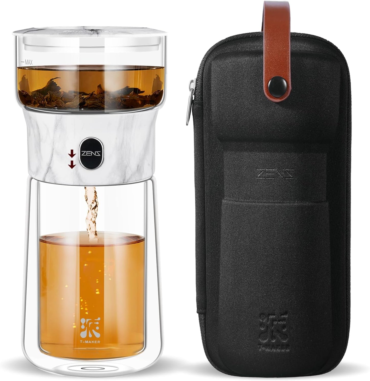 ZENS Modern Glass Infuser Teapot, One Touch Tea Maker for Loose Leaf Tea with Insulated Mug and Portable Case. Enchanted Pot Alternatives for Tea Lover Gifts