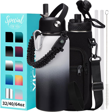 32/40/64OZ Insulated Water Bottle - Keep Cold 48H Hot 24H, Combo Straw/Spout Lids, Paracord Handle for Gym/Hiking, Carrier Bag +Strap, Cup Mat, BPA-Free Stainless Steel Flask Jug
